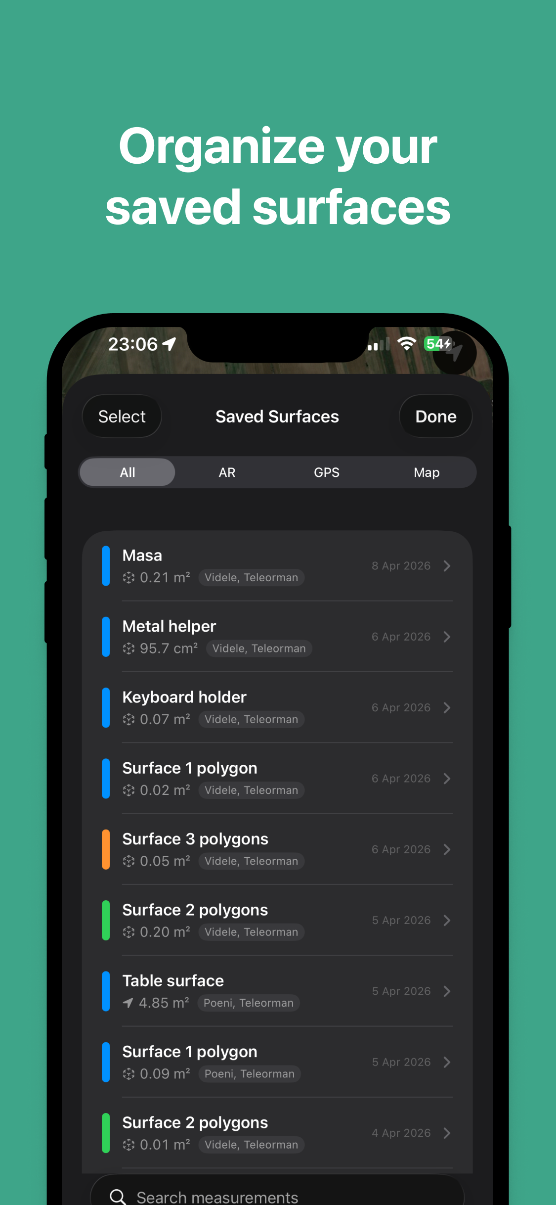 Saved measurements list